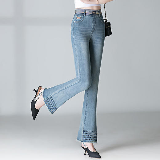 时尚百搭，烫钻微喇松紧高腰长款毛边牛仔裤MYX-9052 商品图2