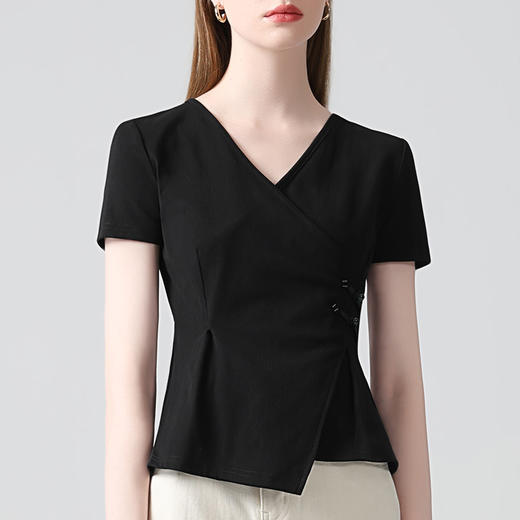 短袖交叉v领盘扣棉体恤，不规则下摆收腰上衣XY-T4X0638-TJ 商品图1