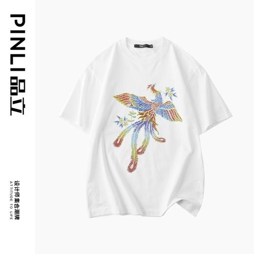 PINLI品立新中式2024夏季新款烫钻凤凰短袖T恤男士国潮休闲体恤BG242111038 商品图7