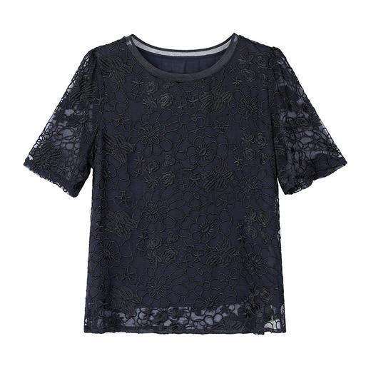 AHM-5127夏季新款时尚优雅复古重工黑色绣花圆领T恤小衫 商品图4