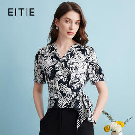 EITIE爱特爱不对称V领泡泡袖显瘦印花衬衫短上衣夏季新款B2413312