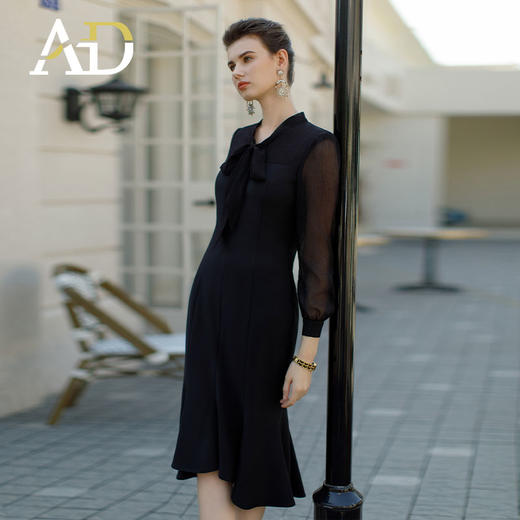 AD2024早春新款连衣裙女气质黑色网纱长袖裙子风情万种包臀鱼尾裙 商品图0