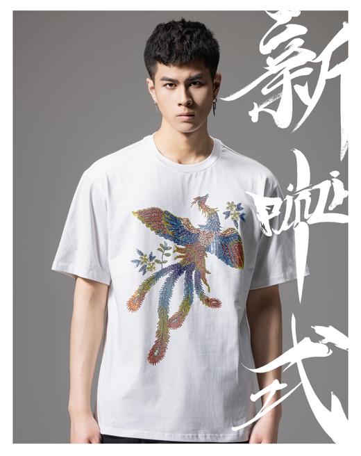 PINLI品立新中式2024夏季新款烫钻凤凰短袖T恤男士国潮休闲体恤BG242111038 商品图0