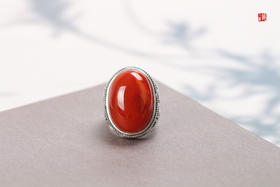 南红戒指【赤焰】，925银镶
