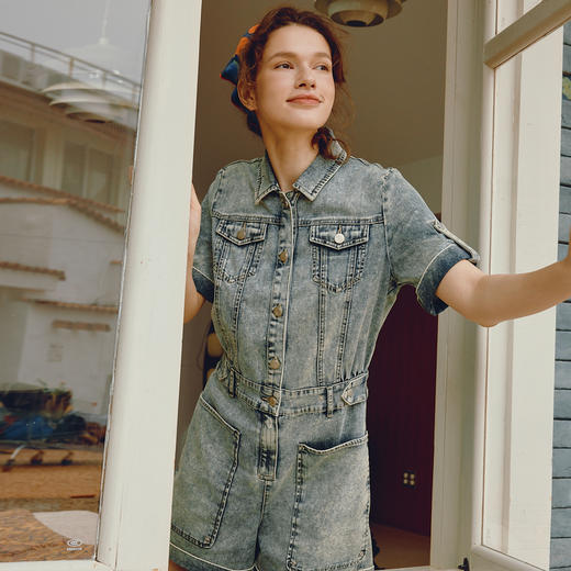 谜底牛仔连体裤女2024年夏季新品复古时尚炒雪纺直筒裤242MK0621 商品图1