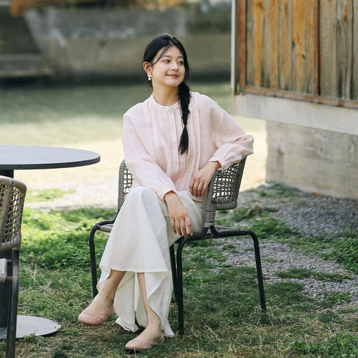 绽放195朵/高端细支亚麻立领塔克收腰显瘦宽松休闲淡粉色衬衫 商品图0