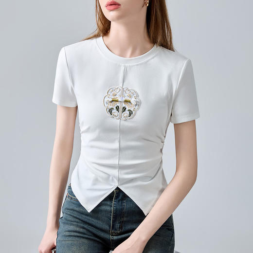 新中式短袖t恤，轻国风刺绣圆领开叉收腰上衣XY-T4X0683-CYS 商品图0