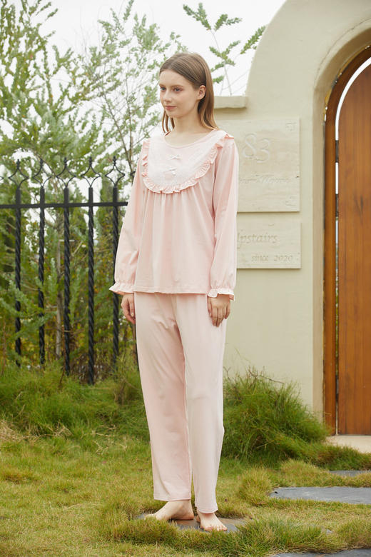 【79元限时秒杀】【秀黛】女圆领花边针织长袖套装女士长袖长裤睡衣L1551006T【门店同款】 商品图4