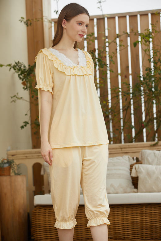 【满2件/99元】【秀黛】女小荷叶宫廷风短袖套装女士夏季睡衣家居服L2551041T【门店同款】【如遇缺货自动退款，介意勿拍】 商品图1