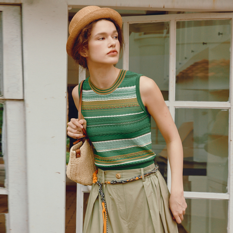 谜底套头针织衫无袖女2024夏款复古文艺风圆领条纹背心242MZ0854