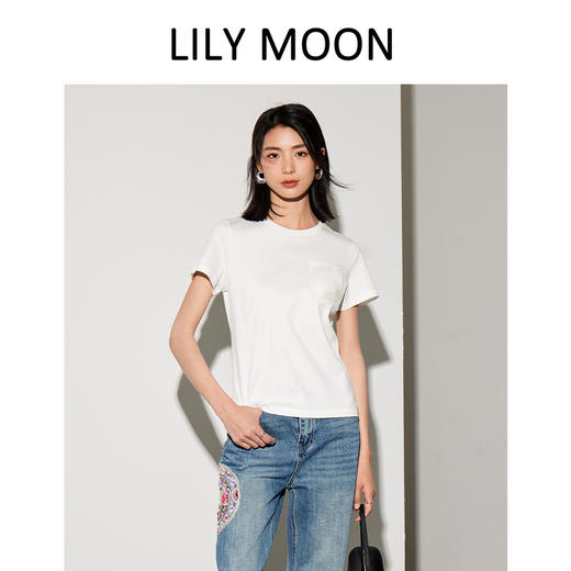 Lilymoon 春夏圆领正肩绣花短袖T恤莫代尔桑蚕丝休闲刺绣LM2418---现货 商品图1