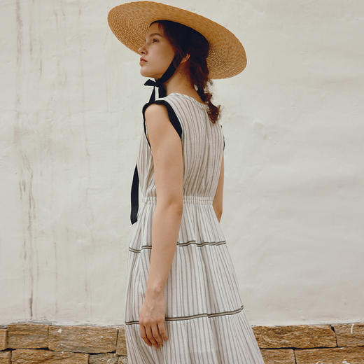 谜底条纹连衣裙女2024年夏季新品优雅淑女V领荷叶袖长裙242ML0669 商品图2