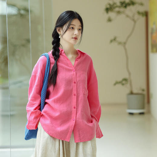 绽放242朵/翻领长袖贝壳扣防晒小衫2024夏季新款白色亚麻休闲衬衫 商品图1