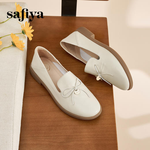 Safiya/索菲娅2023年秋新款浅口真皮蝴蝶结软底休闲单鞋深口皮鞋乐福一脚蹬便鞋 SF33112029 商品图3