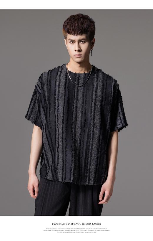 PINLI品立夏季新款竖条纹短袖T恤潮牌宽松流苏时尚休闲体恤衫B242111068 商品图7