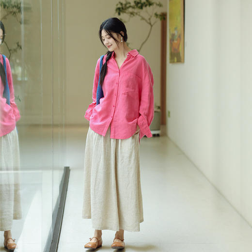 绽放242朵/翻领长袖贝壳扣防晒小衫2024夏季新款白色亚麻休闲衬衫 商品图3