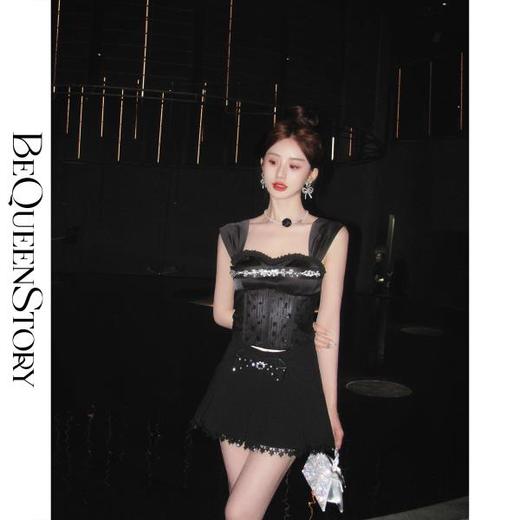 BeQueenStory【黑曜洛可可】绣花蕾丝内衬胸垫可脱卸钻链修身吊带夏 商品图4