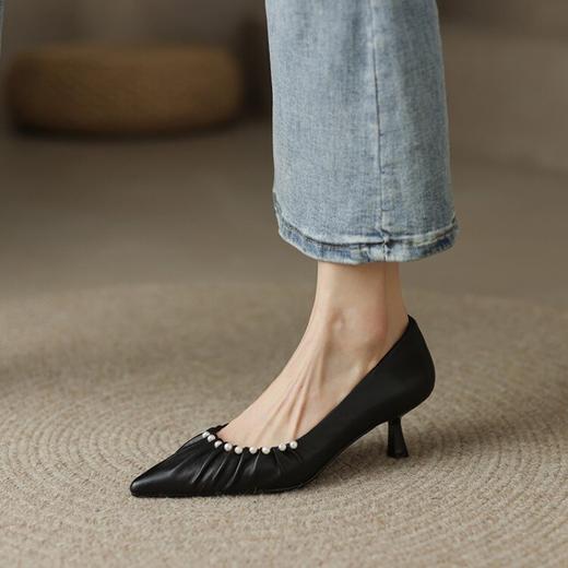 【预售5天】尖头真皮浅口，里外全皮褶皱珍珠高跟鞋MK&0838 商品图3