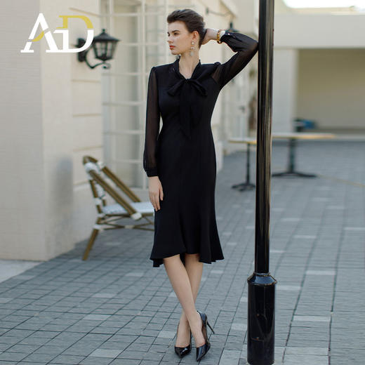 AD2024早春新款连衣裙女气质黑色网纱长袖裙子风情万种包臀鱼尾裙 商品图2