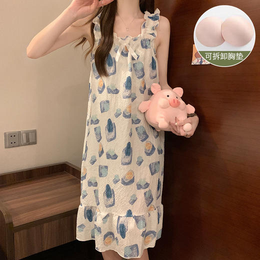 【超甜美！泡泡棉吊带睡裙】自带胸垫，告别文胸，免穿内衣，超舒服！睡衣夏季带胸垫可拆卸梭织少女连衣裙子家居服 商品图4