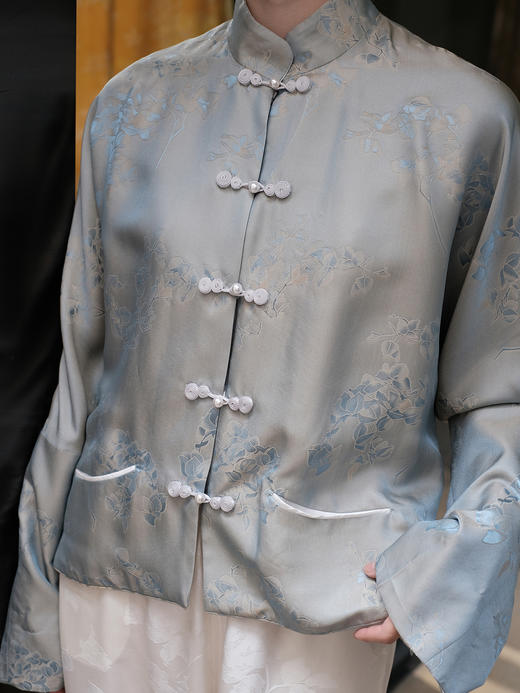 瑕疵| 盛唐牡丹 |桃之夭夭蓝灰色真丝双面穿外套(不夹棉) [特价品] 商品图1