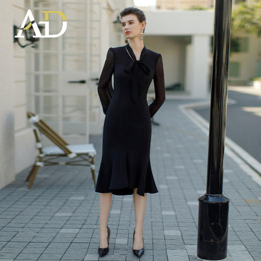 AD2024早春新款连衣裙女气质黑色网纱长袖裙子风情万种包臀鱼尾裙 商品图3