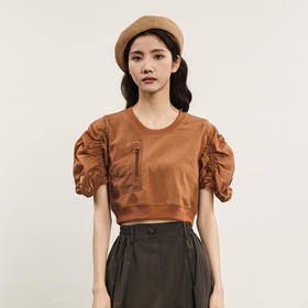 谜底拼接式短款T恤女2024年夏款时尚百搭泡泡袖上衣短袖242MT0567