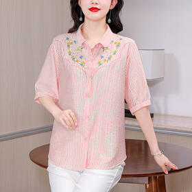 KQL-A83N9018夏季新款重工刺绣短袖衬衫女宽松条纹韩版刺绣棉麻衬衣