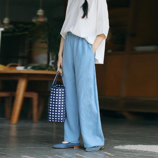 绽放194朵/高端斜纹天丝高支亚麻白色全要松紧宽松弯刀阔腿休闲裤 商品图1