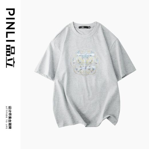 PINLI品立2024新中式夏季新款男烫钻烫画圆领短袖T恤BG242111020 商品图6