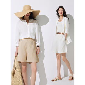 353624001棉仓亚麻百慕大短裤女 高腰挺括五分裤24夏季直筒休闲裤a字显瘦