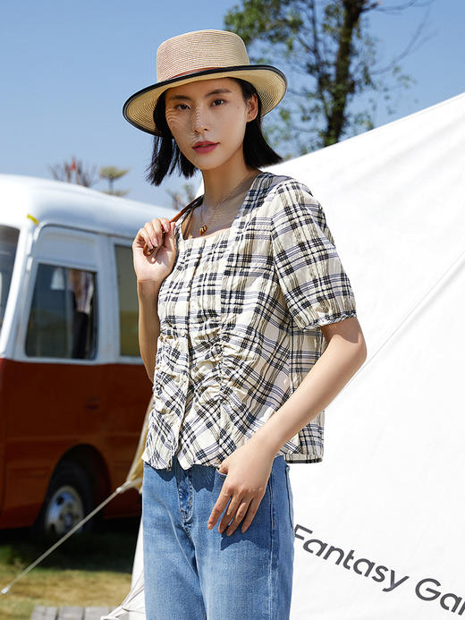 方领格纹短袖套头衫女2024夏季新款显瘦高级感上衣 商品图0