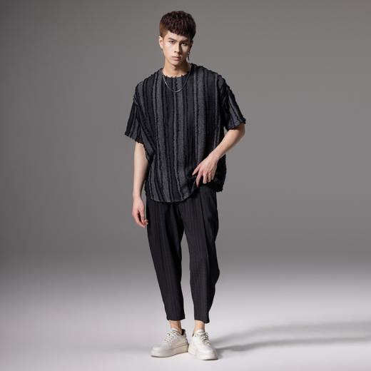 PINLI品立夏季新款竖条纹短袖T恤潮牌宽松流苏时尚休闲体恤衫B242111068 商品图4