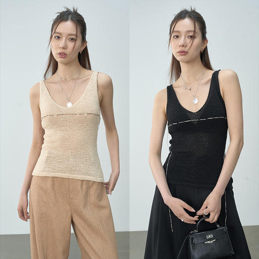 UMILAB【恋夏】高弹肌理感纱线深v领清爽优雅修身背心BM778H 商品图0