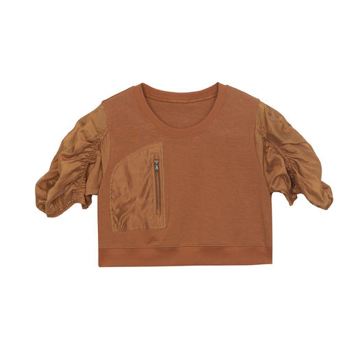 谜底拼接式短款T恤女2024年夏款时尚百搭泡泡袖上衣短袖242MT0567 商品图4