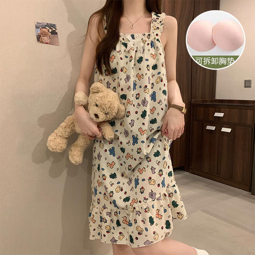 【超甜美！泡泡棉吊带睡裙】自带胸垫，告别文胸，免穿内衣，超舒服！睡衣夏季带胸垫可拆卸梭织少女连衣裙子家居服 商品图5