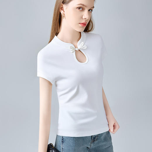 中式短袖t恤，国风复古盘扣镂空收腰水滴领上衣XY-DY3403560-HYS 商品图1