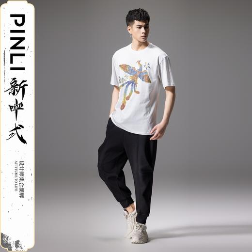 PINLI品立新中式2024夏季新款烫钻凤凰短袖T恤男士国潮休闲体恤BG242111038 商品图1