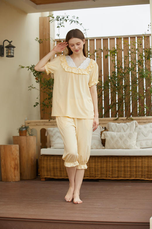 【满2件/99元】【秀黛】女小荷叶宫廷风短袖套装女士夏季睡衣家居服L2551041T【门店同款】【如遇缺货自动退款，介意勿拍】 商品图3