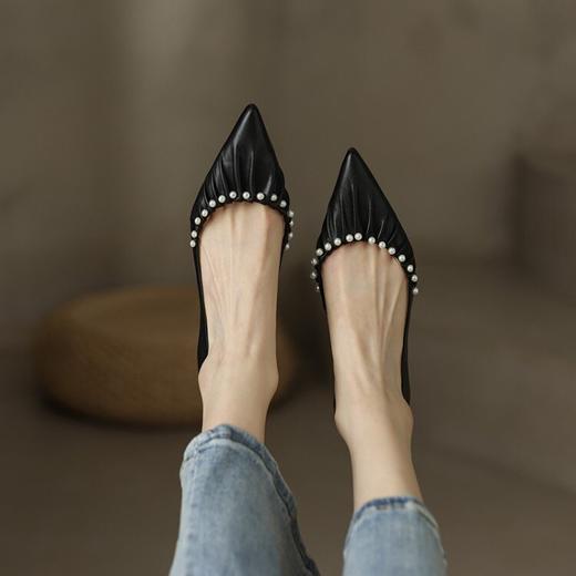 【预售5天】尖头真皮浅口，里外全皮褶皱珍珠高跟鞋MK&0838 商品图4