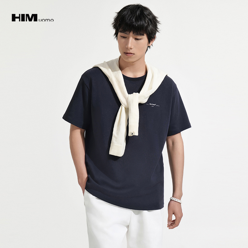 HIM漢崇  简约立体厚板印花圆领T恤男活力舒适休闲短袖衫 2025夏季