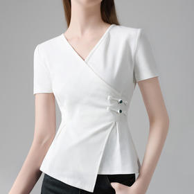 短袖交叉v领盘扣棉体恤，不规则下摆收腰上衣XY-T4X0638-TJ
