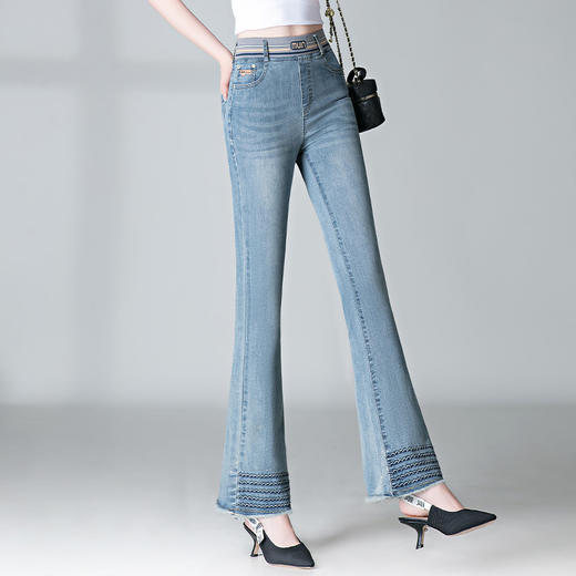 时尚百搭，烫钻微喇松紧高腰长款毛边牛仔裤MYX-9052 商品图0