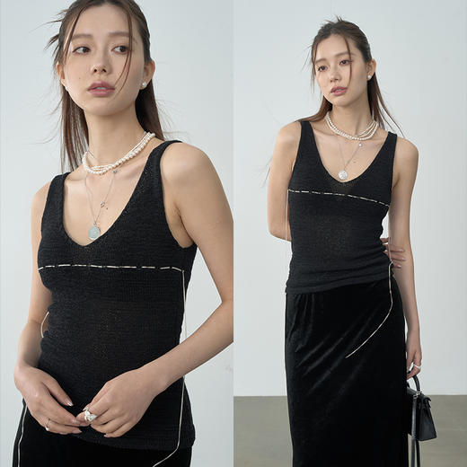 UMILAB【恋夏】高弹肌理感纱线深v领清爽优雅修身背心BM778H 商品图2