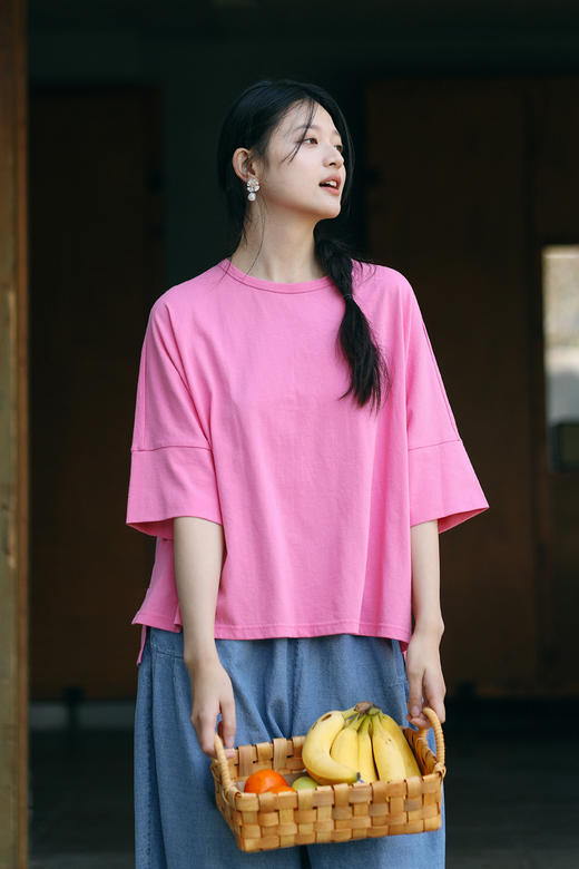 绽放214朵/2024夏季新款设计感前短后长侧边开衩宽松休闲T恤 商品图5