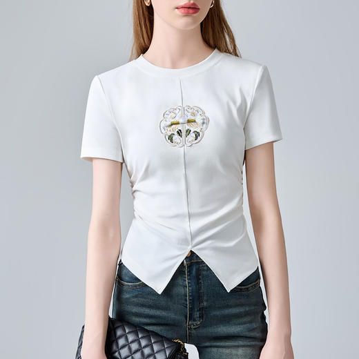 新中式短袖t恤，轻国风刺绣圆领开叉收腰上衣XY-T4X0683-CYS 商品图1