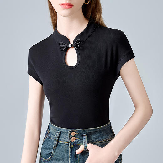 中式短袖t恤，国风复古盘扣镂空收腰水滴领上衣XY-DY3403560-HYS 商品图3