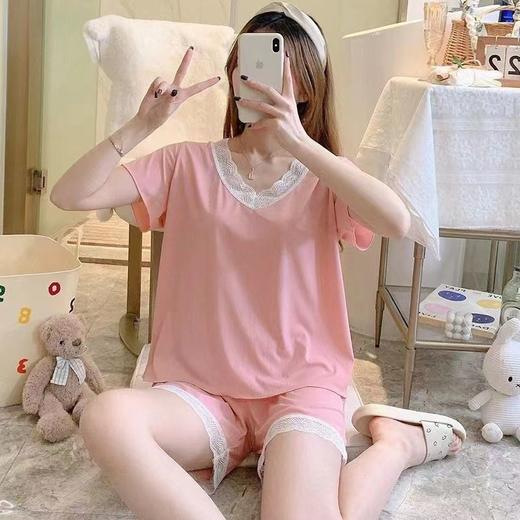 【超亲肤！蕾丝边睡衣套装】可外穿的家居服，好看到想穿出街！夏季薄款纯色韩版休闲宽松短袖睡衣睡裤两件套女 商品图0