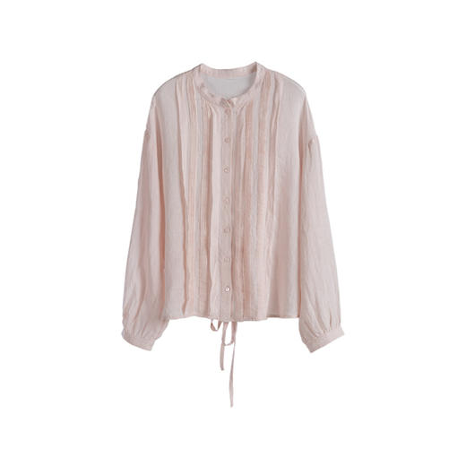 绽放195朵/高端细支亚麻立领塔克收腰显瘦宽松休闲淡粉色衬衫 商品图4