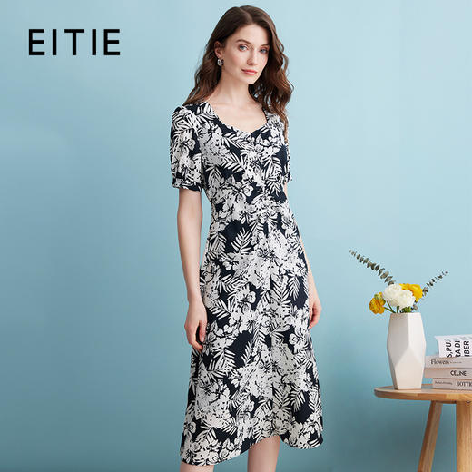 EITIE爱特爱法式复古鸡心领植物印花通勤显瘦连衣裙夏季新款B2407338 商品图0